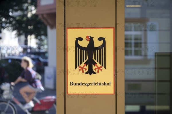 Karlsruhe, Baden-Württemberg, Germany, Federal Court of Justice, sign with the Federal Eagle emblem and lettering in front of the Federal Court of Justice building, Europe