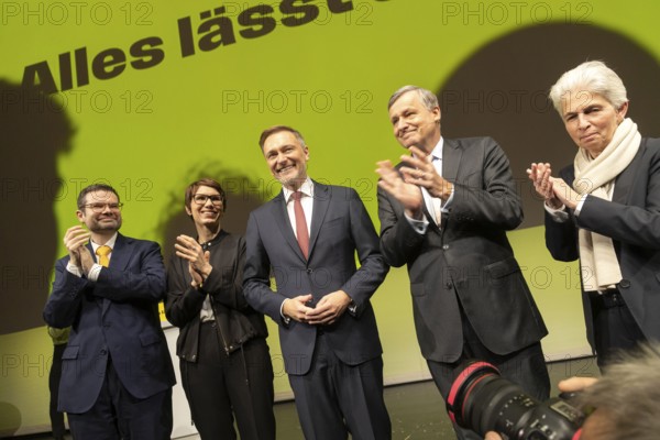 Traditional Epiphany Meeting 2025 of the FDP party. The party event also marks the start of the election campaign for the 2025 Bundestag elections. From left: Dr Marco Buschmann MdB, designated Secretary General of the FDP, Judith Skudelny MdB, Secretary General and top candidate BW, Christian Lindner MdB, Federal Chairman, Dr Hans-Ulrich Rülke MdL, State Chairman Baden-Württemberg, Marie-Agnes Strack-Zimmermann MdEP, Member of the FDP Presidium. Stuttgart Opera House. Baden-Württemberg, Germany, Europe