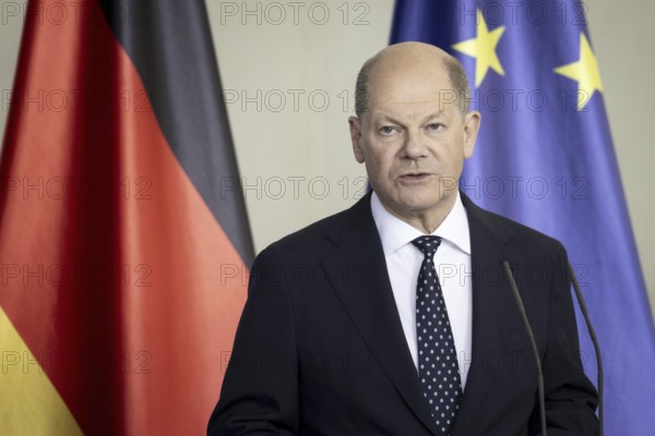Olaf Scholz (SPD), Federal Chancellor, and Alexander Stubb (not pictured), President of the Republic of Finland, during a press statement at the Federal Chancellery in Berlin, 8 May 2024