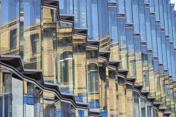 Robert Koch Forum reflected in glass façade opposite, Hertie School private university, building complex, Dorotheenstraße, Mitte, Berlin, Germany, Europe