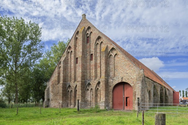13th century Gothic monastic tithe barn of the Ter Doest Abbey at Lissewege near Bruges, West Flanders, Belgium, Europe