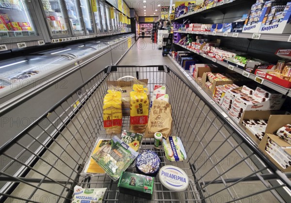 Shopping trolley being pushed through an aisle, supermarket, Germany, Europe