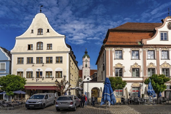 The market square and Church of Our Lady church in the old town centre of Günzburg, Bavaria, Germany, Europe