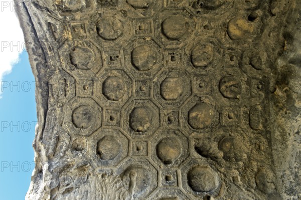 Remains of a barrel vault with a coffered ceiling carved in stone in the Tamaras Hall of the fortress and cave city of Uplistsikhe near Gori, Georgia, Asia
