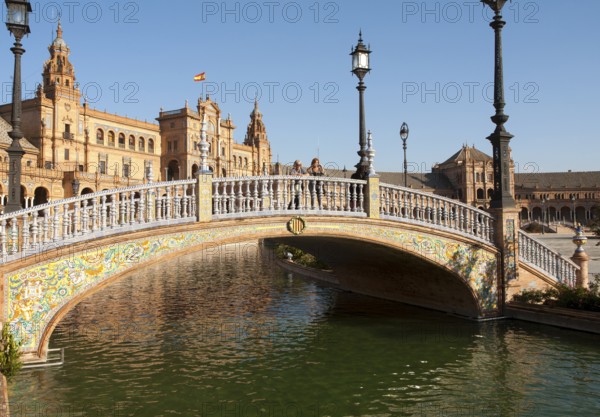 The Plaza de España, Seville, Spain built for the Ibero-American Exposition of 1929. It is a landmark example of the Renaissance Revival style in Spanish architecture