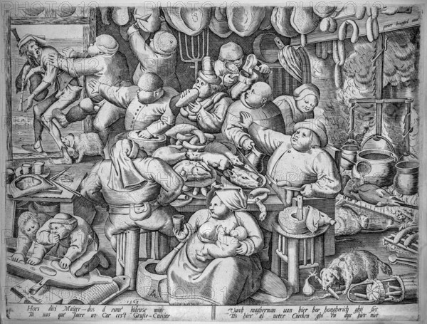 The Fat Kitchen, 1563 engraving by Pieter van der Heyden after Pieter Bruegel the Elder, Dutch and Flemish Renaissance painter and printmaker