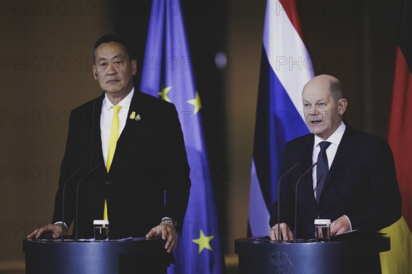 (R-L) Olaf Scholz (SPD), Federal Chancellor, and Srettha Thavisin, Prime Minister of Thailand, at a press conference following a joint meeting in Berlin, 13 March 2024