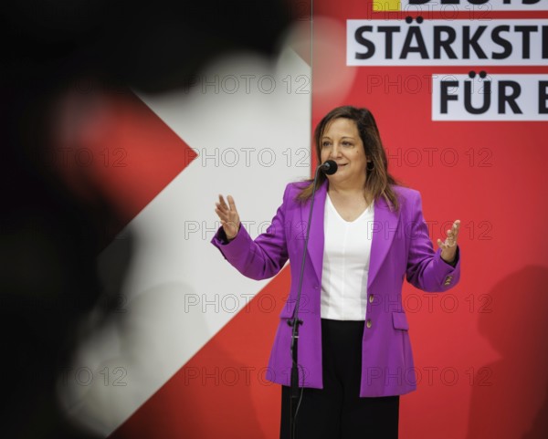 (R-L) Katarina Barley, SPD politician and Member of the European Parliament and Iratxe Garcv?a Pv©rez, leader of the Spanish Progressive Alliance of Socialists and Democrats parliamentary group, pictured during a press conference at the Willy Brandt House in Berlin, 8 April 2024