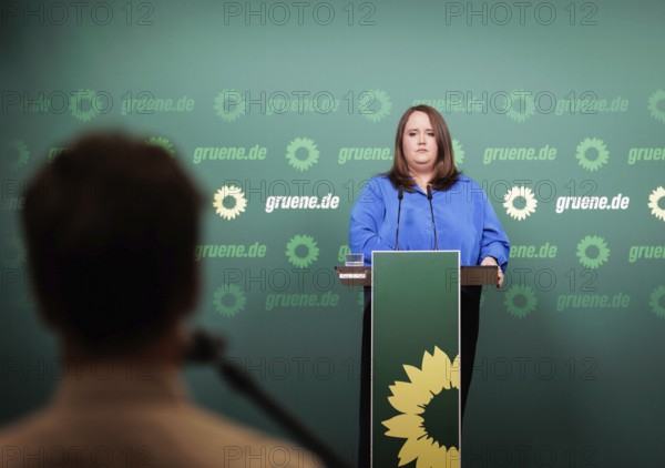 Ricarda Lang, Federal Chairwoman of Bündnis 90/Die Grünen, recorded during a press conference in Berlin, 8 April 2024