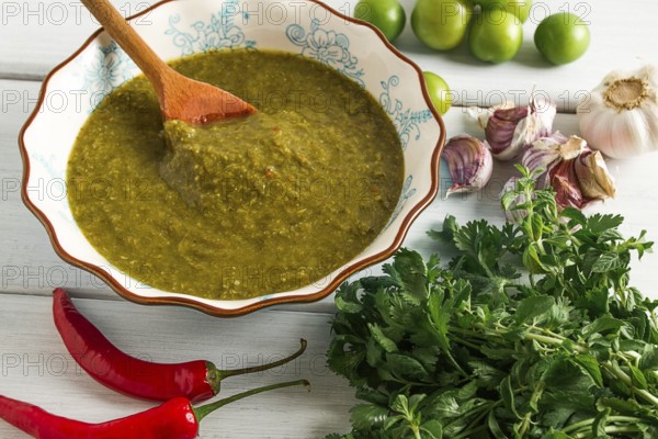 Tkemali sauce, traditional Georgian cuisine, green cherry plum, with ingredients for sauce, cilantro, mint, hot pepper, garlic, on a white wooden table, close-up, rustic, food background, no people, selective focus, sauce, green sauce, tkemali, georgian cuisine, homemade
