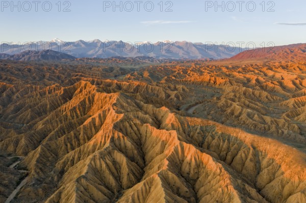 River bed runs through a landscape of eroded hills, badlands at sunset, mountain peaks of the Tian Shan Mountains in the background, aerial view, Canyon of the Forgotten Rivers, Issyk Kul, Kyrgyzstan, Asia