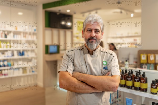 Proud mature man pharmacist standing with arms crossed in the store