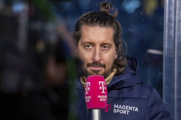 Ice hockey presenter Patrick Ehelechner at the Adler Mannheim v Nuremberg Ice Tigers match