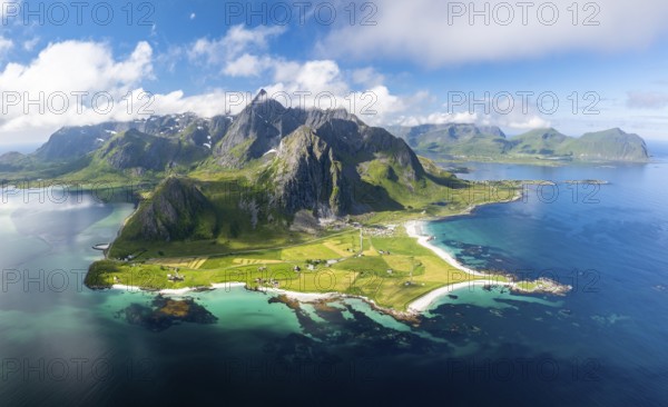 View of Flakstad and the beach at Skagsanden, Lofoten, Norway, Europe