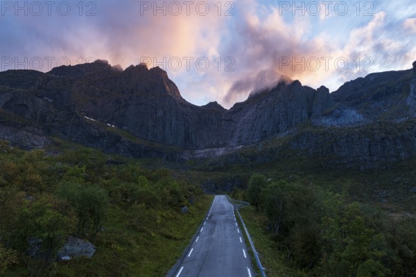 Road to Nusfjord in the evening, Lofoten, Norway, Europe