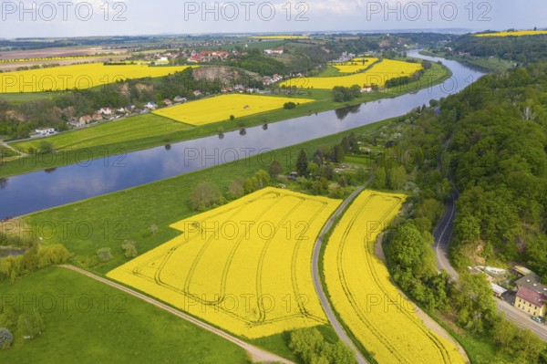 Aerial view of the Elbe near Zehren with Zadel and Elbe valley slopes, Diera-Zehren, Saxony, Germany, Europe