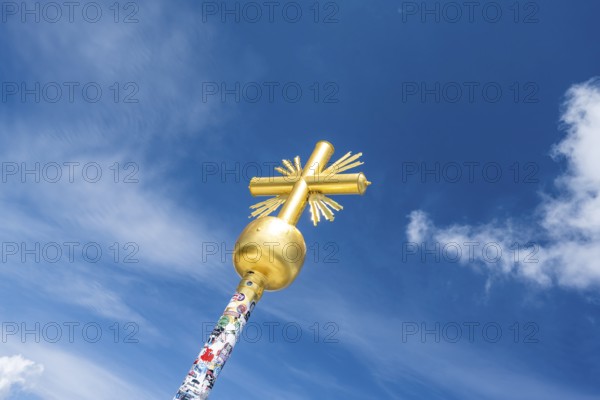 Golden summit cross on the summit of the Zugspitze, Wetterstein range, Northern Limestone Alps, Bavaria, Germany, Europe