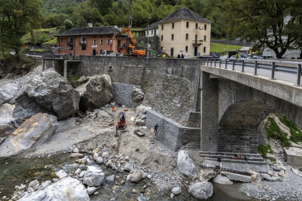 Prato, clean-up work in the Maggia riverbed after flooding in June 2024, Lavizzara, Canton Ticino, Switzerland, Europe