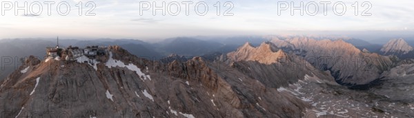 Alpine panorama, aerial view, Zugspitze and Zugspitze railway, high mountains, Bavaria, Germany, Europe