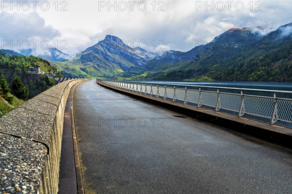France, Alpes, region Auvergne-Rhône-Alpes, Savoier Alps, Departement Savoie, dam wall at Lac de Roselend, road to pass Cormet de Roselend, travel landscape nature, Europe