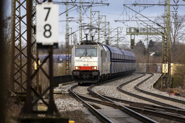 Goods train travelling on the winding Schuster Railway, overhead lines and infrastructure. Stuttgart, Baden-Württemberg, Germany, Europe