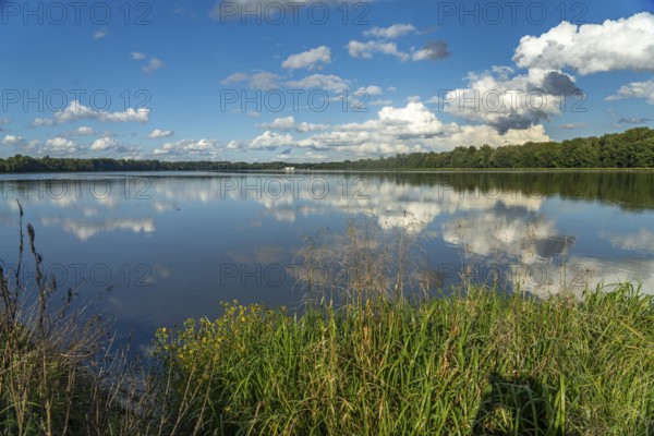 Clouds reflected in the Danube reservoir Faimingen, Lauingen Donau, Bavaria, Germany, Europe