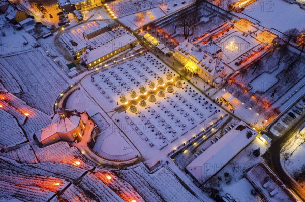 Aerial view of Wackerbarth Castle with castle park, belvedere and vineyards with snow and Christmas lights, Radebeul, Saxony, Germany, Europe