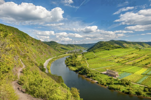 Via ferrata on the Bremmer Calmont, view of the Moselle loop and the ruins of the Stuben monastery, Bremm, Moselle valley, Rhineland-Palatinate, Germany, Europe