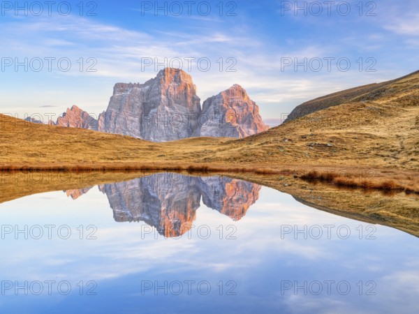 Laghetto di Baste, Belluno, Pelmo Massif, sunset, Mondeval Plateau, Passo di Giau, Dolomites, autumn, reflection, blue sky