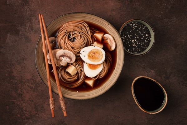 Asian soba soup, with mushrooms and egg, cheese, sesame seeds, homemade, no people