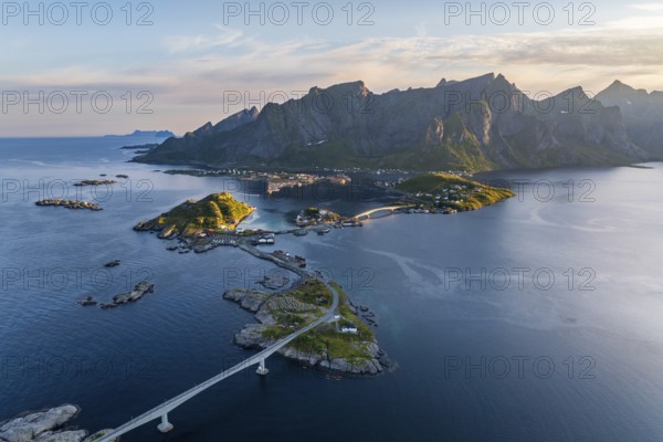 View of islands and mountains at the Reinefjord, fishing village Reine, Lofoten, Norway, Europe