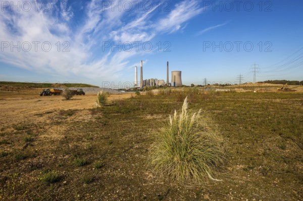 Dinslaken, Voerde, North Rhine-Westphalia, Germany, Emscher estuary into the Rhine. Construction site of the new Emscher estuary in front of the decommissioned STEAG coal-fired power station in Voerde. The mouth of the Emscher into the Rhine is being moved almost 500 metres north from Dinslaken to Voerde. Fish will then be able to swim barrier-free up the new Emscher from the Rhine through a newly created floodplain area. Following the construction of a parallel sewer, the Emscher has been completely free of sewage since January 2022. The river was previously an open, above-ground combined sewer with rainwater and wastewater, Europe