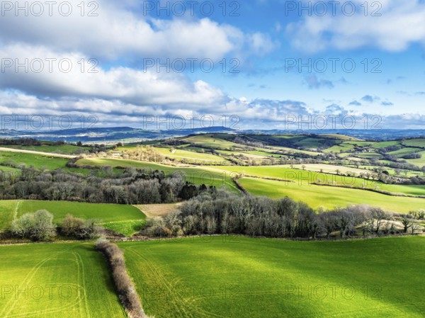 Farms over Morcombelake Village from a drone, Bridport, Dorset, England, United Kingdom, Europe