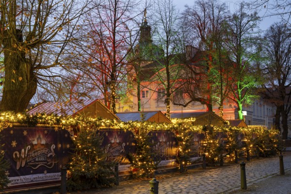 Stalls with Christmas decorations, Christmas market at Charlottenburg Palace, Blue Hour, Berlin, Germany, Europe