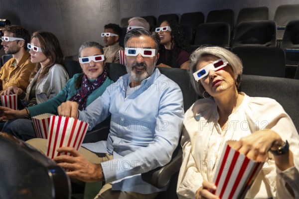 People of different ages and ethnicities wearing 3d glasses and eating popcorn while watching a movie in a cinema