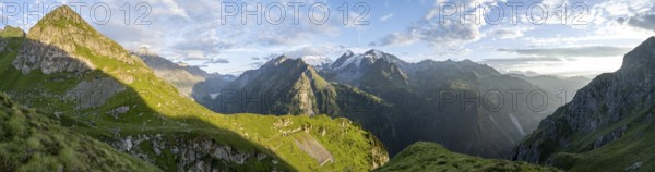 Mountain landscape at sunset at the Cabane de Louvie, summit Grand Combin de Grafeneire, Fionnay, Valais Alps, Valais, Switzerland, Europe