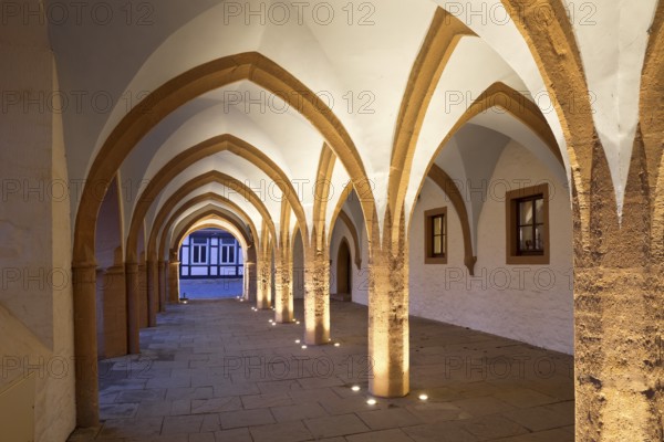 Open hall, arcade at the late Gothic town hall in Goslar in the evening, UNESCO World Heritage Site, Lower Saxony, Germany, Europe