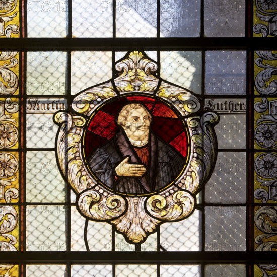 Stained glass window with Martin Luther in the Evangelical Lutheran Market Church of St Cosmas and Damian, Goslar, UNESCO World Heritage Site, Lower Saxony, Germany, Europe