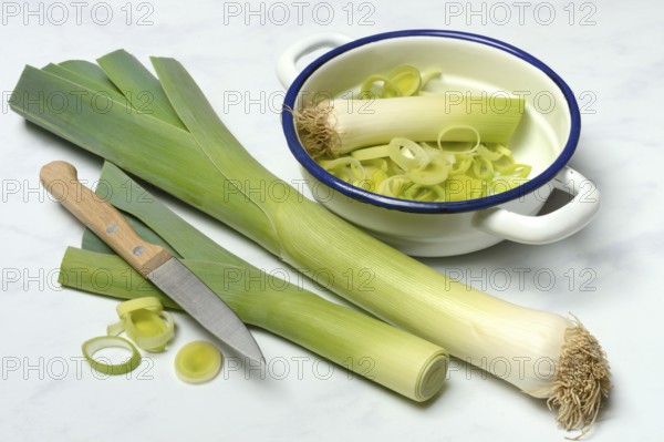 Leek, leek sticks and leek rings in a bowl