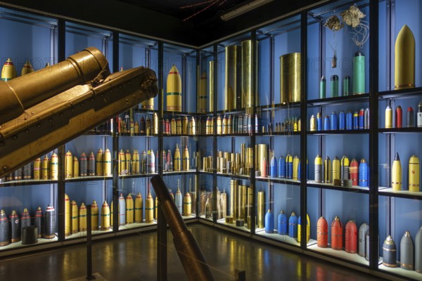 British and German WW1 colour coded artillery shells at WWI Passchendaele Museum about the Third Battle of Ypres, Zonnebeke, West Flanders, Belgium, Europe