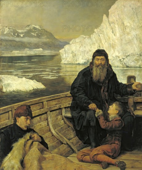 A man and a boy sit in a small boat in a cold, icy landscape. The last voyage of Henry Hudson, the last voyage of Henry Hudson (1565, 161), English navigator, Painting by John Maler Collier (28 January 1850, 11 April 1934), British writer and painter, Historical, digitally restored reproduction from a 19th century original, Record date not stated