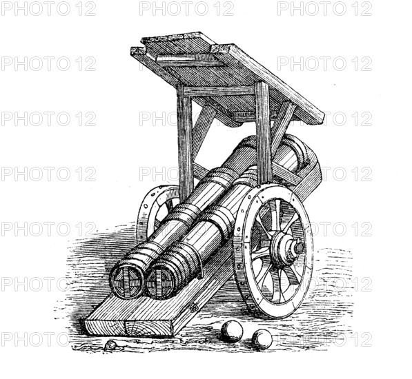 Double bombard with roof, cannon, end of the 14th century, historical, digital reproduction of an original from the 19th century