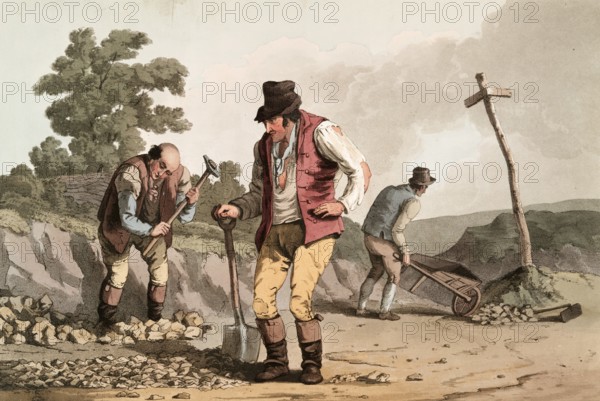 Scene from everyday life in England around 1810, stone crusher on the street, historical, digitally restored reproduction from a 19th century original, date unknown