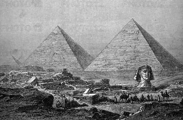 Pyramids of Giza and the Sphinx in 1860, Egypt, Historical, digital reproduction of an original from the 19th century, Africa