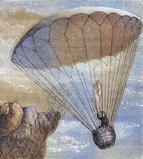 Garnerin's Descent in a Parachute 1802 Andre Jacques Garnerin 1769, 1823 French inventor of the frameless parachute, 1823 French inventor of the frameless parachute From the book Wondeful Balloon Ascents or The Conquest of the Skies published c 1870, Historic, digitally restored reproduction from a 19th century original, Record date not stated