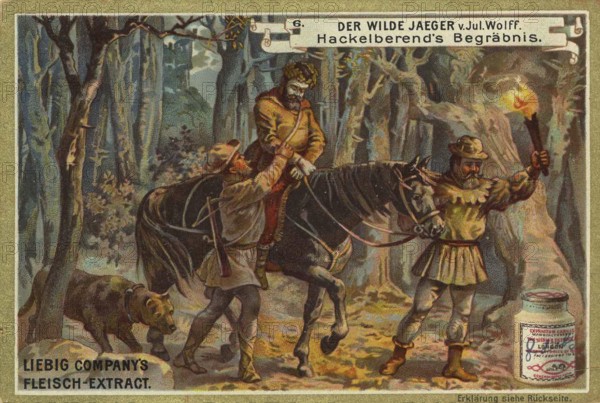 Picture series The Wild Hunter by Jul. Wolff, Begräbnis von Hackelberend, Liebig painting, digitally restored reproduction of a collective painting from ca. 1900, public domain, exact date unknown, horse leads hunter to burial in the forest at night
