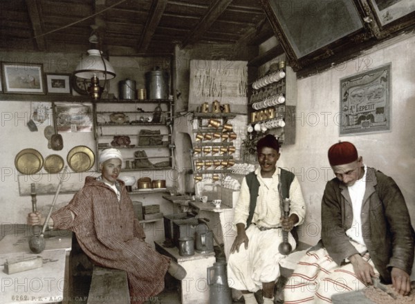 Moorish coffee house, Algiers, Algeria, ca 1890, Historical, digitally restored reproduction from a 19th century original, Record date not stated, Africa