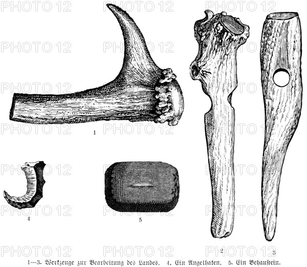 Stone Age tools for agriculture (1-3), fishing hooks for fishing (4), dwelling stone (5), geology, anthropology, history of mankind, historical illustration 1880