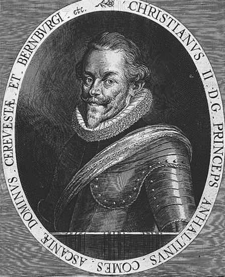 Christian I, Prince of Anhalt-Bernburg (1568 -1630) was a German prince from the House of Ascania. He was reigning Prince of Anhalt and from 1603 reigning Prince of the re-established Principality of Anhalt-Bernburg. From 1595 he was governor of the Upper Palatinate and soon became an advisor to Elector Frederick IV, digitally enhanced reproduction of a 19th century original, historical