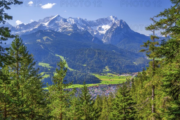 View from Wank 1780m to valley, village and Zugspitzgruppe 2962m, Garmisch-Partenkirchen, Loisachtal, Werdenfelser Land, Upper Bavaria, Bavaria, Germany, Europe